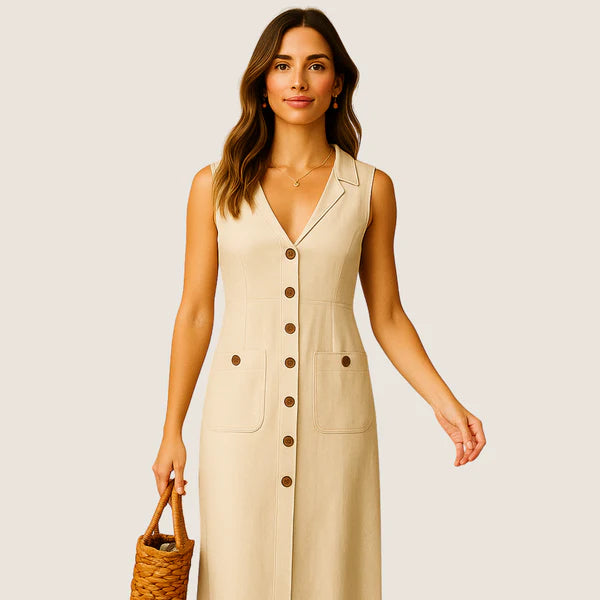 Monarch Eva Midi Dress – Elegant V-Neck with Buttons and Pockets