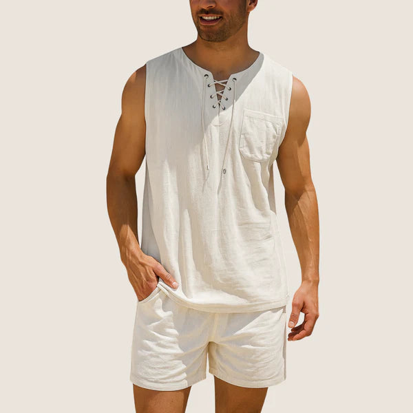 Monarch Sleeveless Linen & Cotton Shirt – Retro Style with Lace-up Detail