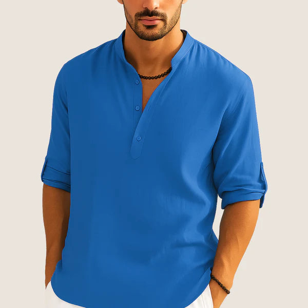 Monarch Cotton Shirt – Casual Elegance with Stand Collar, Long Sleeves