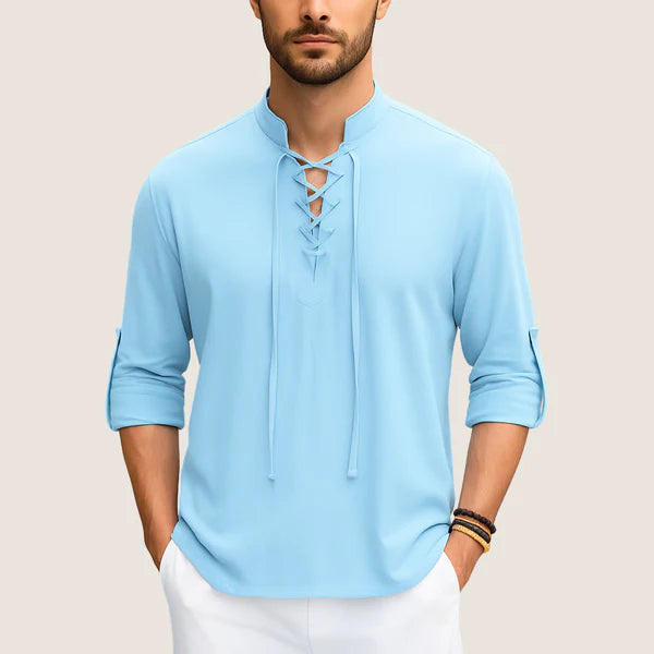 Monarch Boho Linen Shirt – Casual Elegance with Lace-up Detail