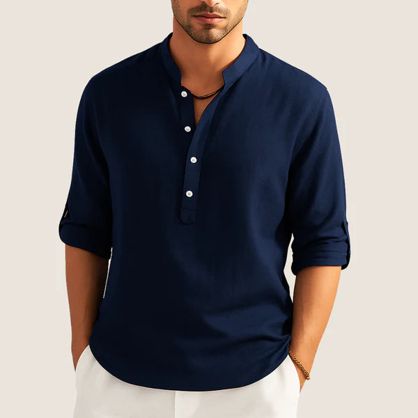 Monarch Cotton Shirt – Casual Elegance with Stand Collar, Long Sleeves