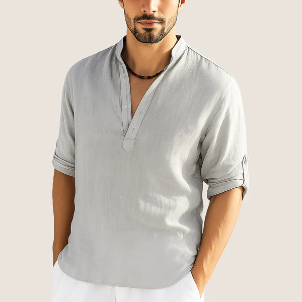 Monarch Cotton Shirt – Casual Elegance with Stand Collar, Long Sleeves