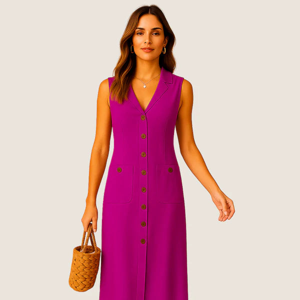 Monarch Eva Midi Dress – Elegant V-Neck with Buttons and Pockets