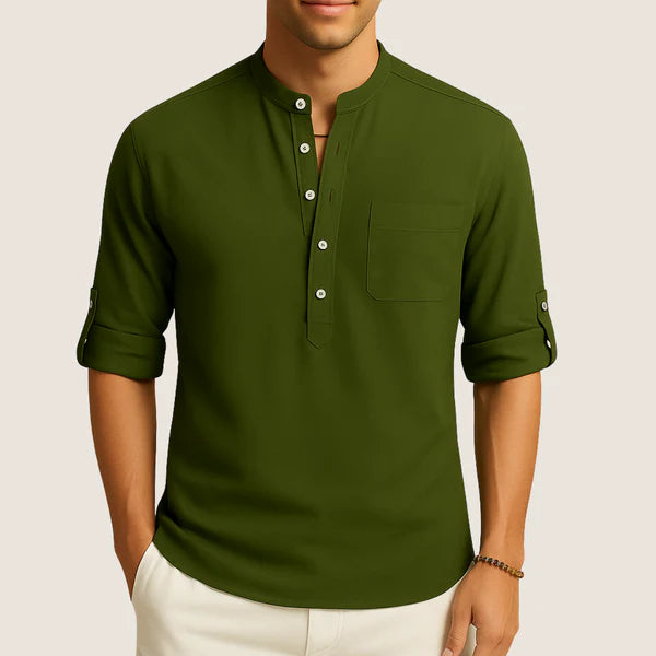 Monarch Cotton Shirt – Casual Elegance with Stand Collar, Long Sleeves