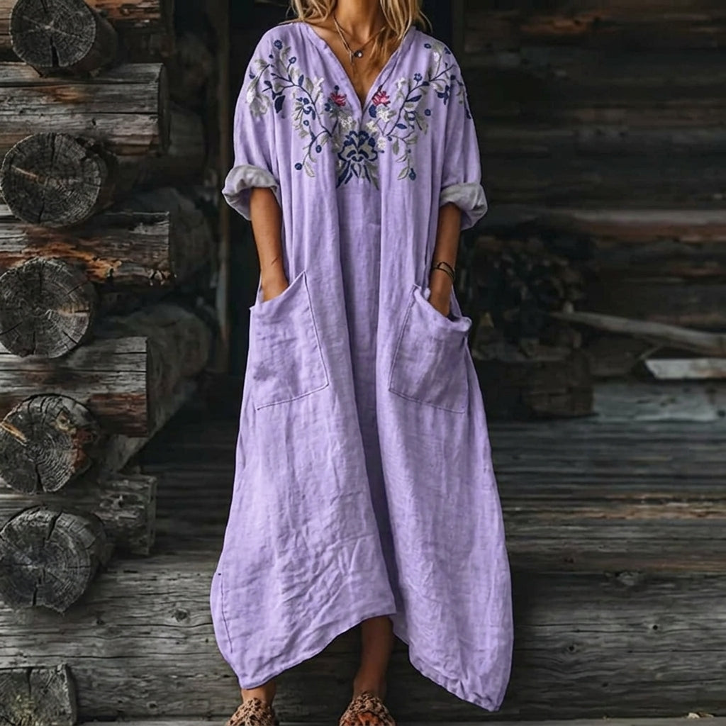 Women's Boho Paisley Maxi Dress with Pockets V-Neck 3/4 Sleeve