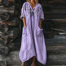 Women's Boho Paisley Maxi Dress with Pockets V-Neck 3/4 Sleeve