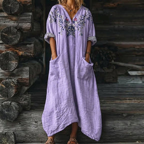 Women's Boho Paisley Maxi Dress with Pockets V-Neck 3/4 Sleeve