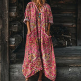 Women's Boho Paisley Maxi Dress with Pockets V-Neck 3/4 Sleeve