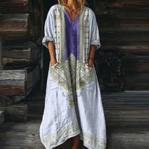 Women's Boho Paisley Maxi Dress with Pockets V-Neck 3/4 Sleeve