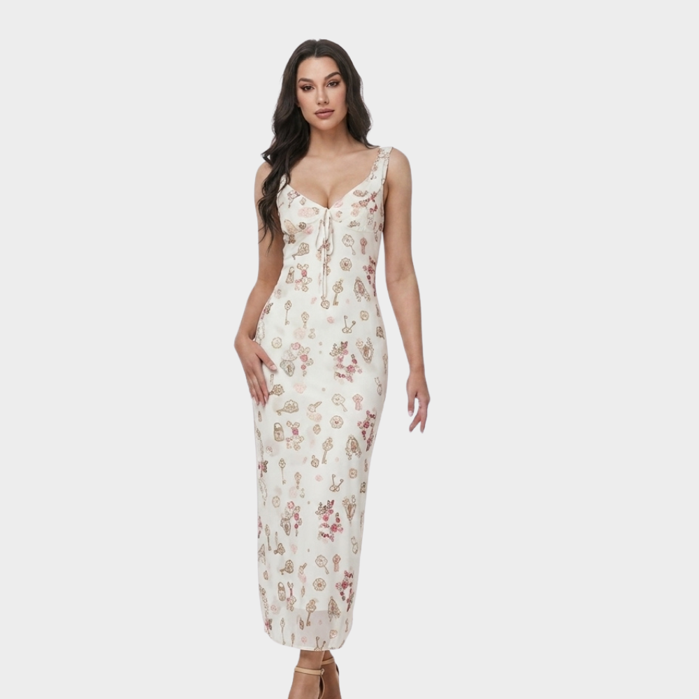 Women's Floral Ruffle-Strap Fitted Maxi Dress with Tie Front