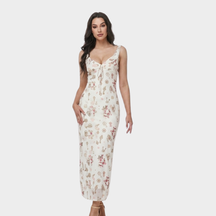 Women's Floral Ruffle-Strap Fitted Maxi Dress with Tie Front
