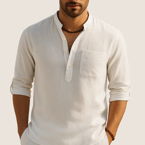 Monarch Cotton Shirt – Casual Elegance with Stand Collar, Long Sleeves