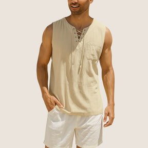 Monarch Sleeveless Linen & Cotton Shirt – Retro Style with Lace-up Detail