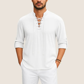 Monarch Boho Linen Shirt – Casual Elegance with Lace-up Detail