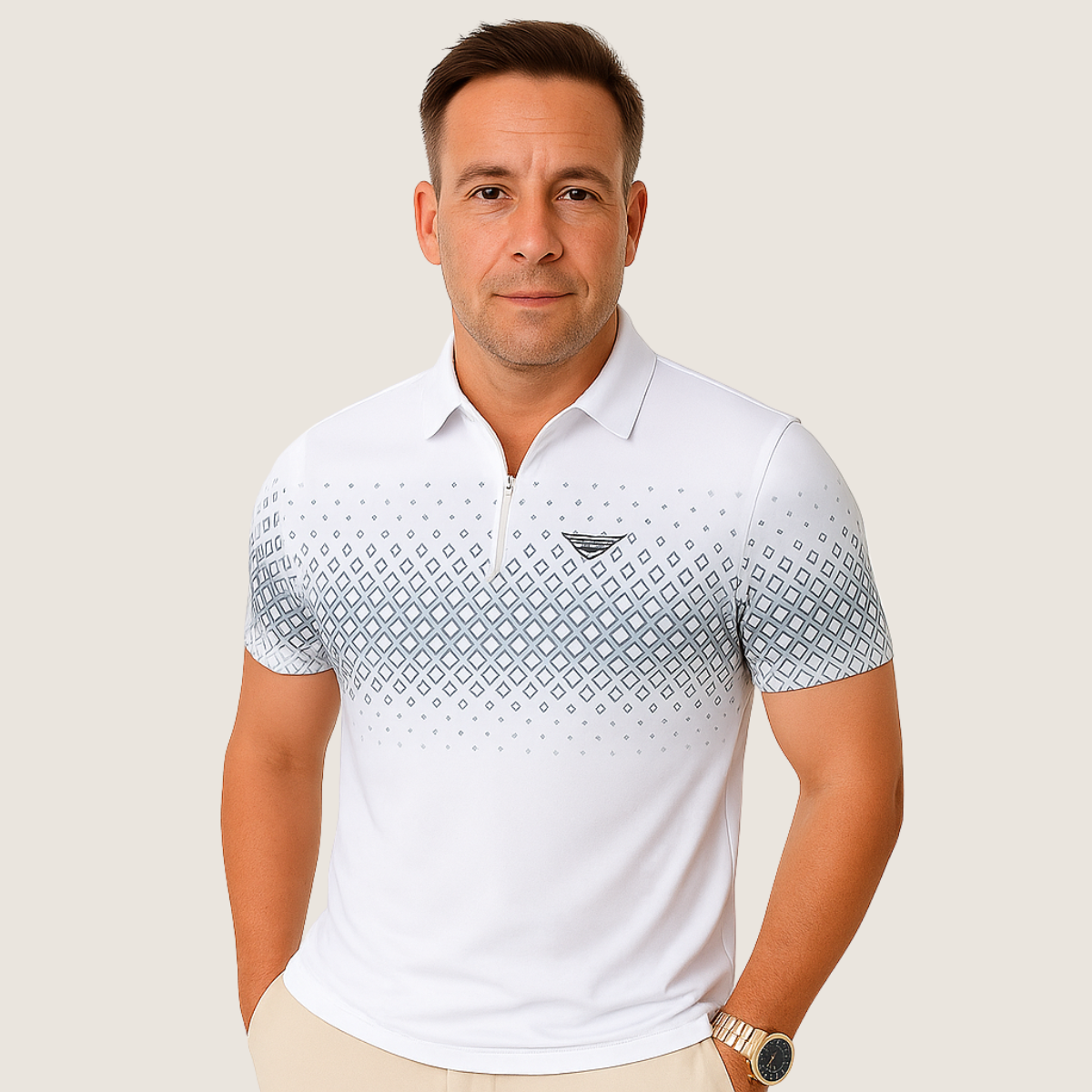 Monarch – Men’s Polo with Geometric Print and Zip – Elegant & Comforta