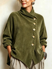 Women's Wide-Rib Corduroy High-Neck Jumper with Gold Buttons