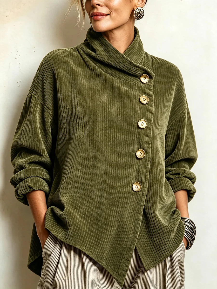 Women's Wide-Rib Corduroy High-Neck Jumper with Gold Buttons