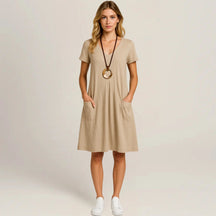 Lavinia Midi Dress – Round Neck, Front Pockets & Short Sleeves