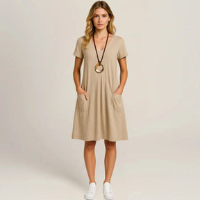 Lavinia Midi Dress – Round Neck, Front Pockets & Short Sleeves