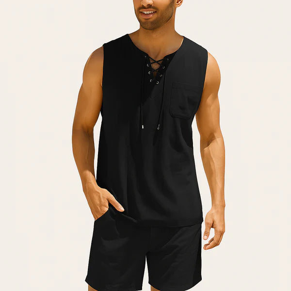 Monarch Sleeveless Linen & Cotton Shirt – Retro Style with Lace-up Detail