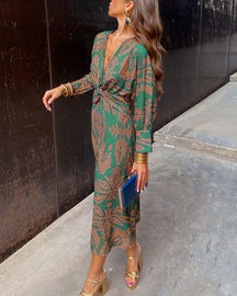 Women's Printed V-Neck A-Line Maxi Dress