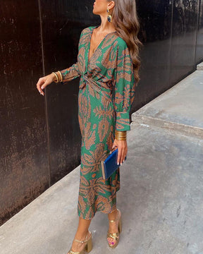 Women's Printed V-Neck A-Line Maxi Dress