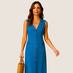 Monarch Eva Midi Dress – Elegant V-Neck with Buttons and Pockets