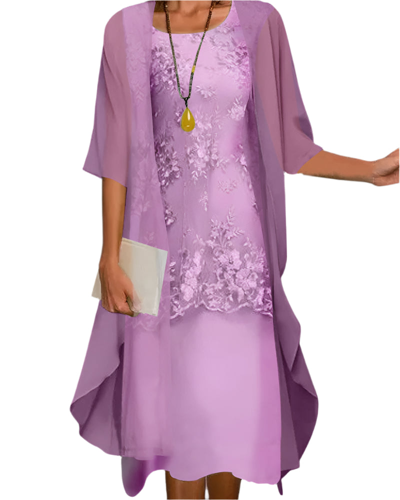 Women's Flowy Sheer-Sleeve Layered Midi Dress