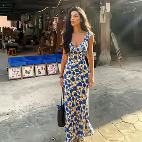 Women's Floral Ruffle-Strap Fitted Maxi Dress with Tie Front