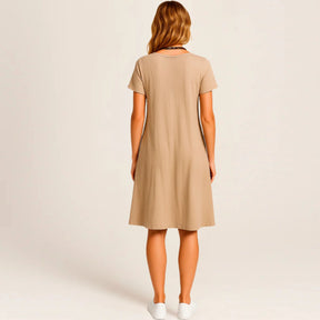 Lavinia Midi Dress – Round Neck, Front Pockets & Short Sleeves