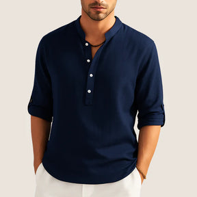 Monarch Cotton Shirt – Casual Elegance with Stand Collar, Long Sleeves