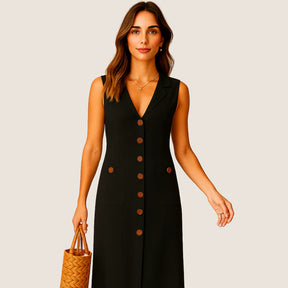 Monarch Eva Midi Dress – Elegant V-Neck with Buttons and Pockets