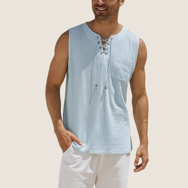 Monarch Sleeveless Linen & Cotton Shirt – Retro Style with Lace-up Detail