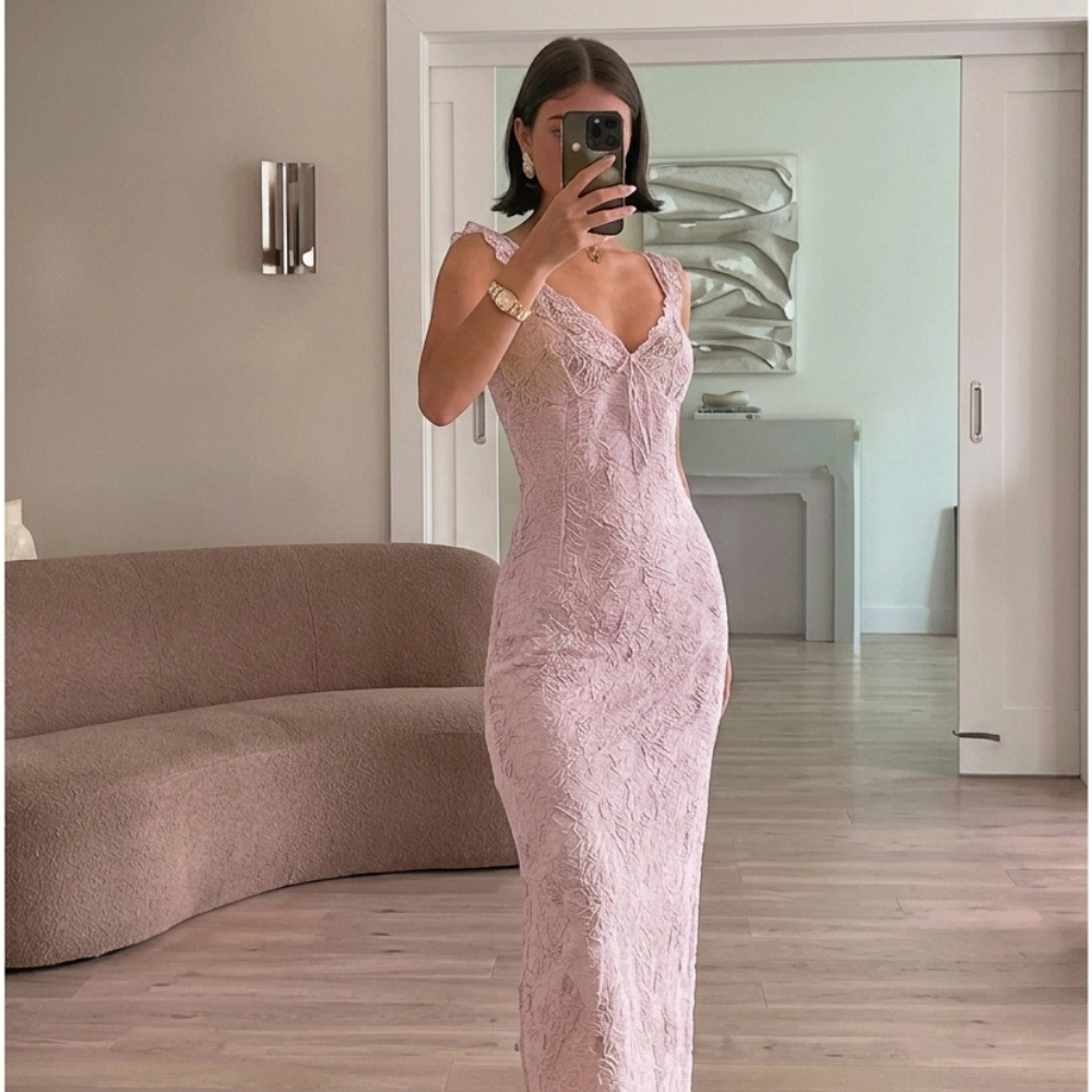 Women's Floral Ruffle-Strap Fitted Maxi Dress with Tie Front