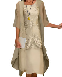 Women's Flowy Sheer-Sleeve Layered Midi Dress