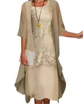 Women's Flowy Sheer-Sleeve Layered Midi Dress