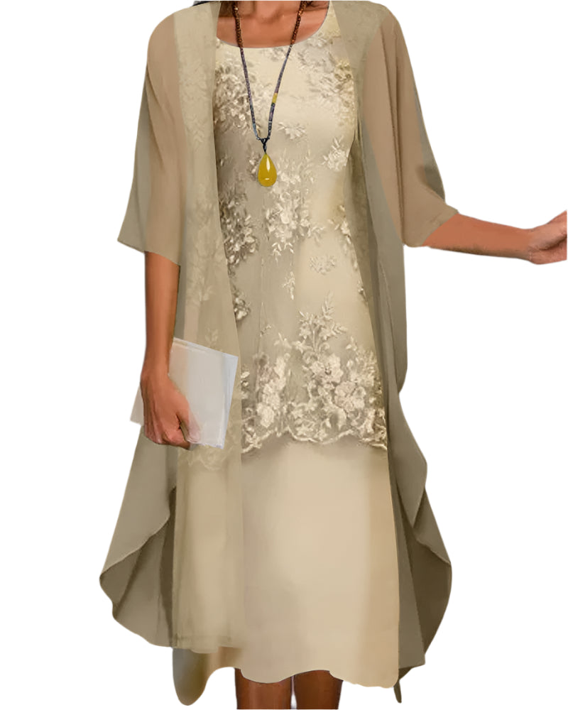 Women's Flowy Sheer-Sleeve Layered Midi Dress