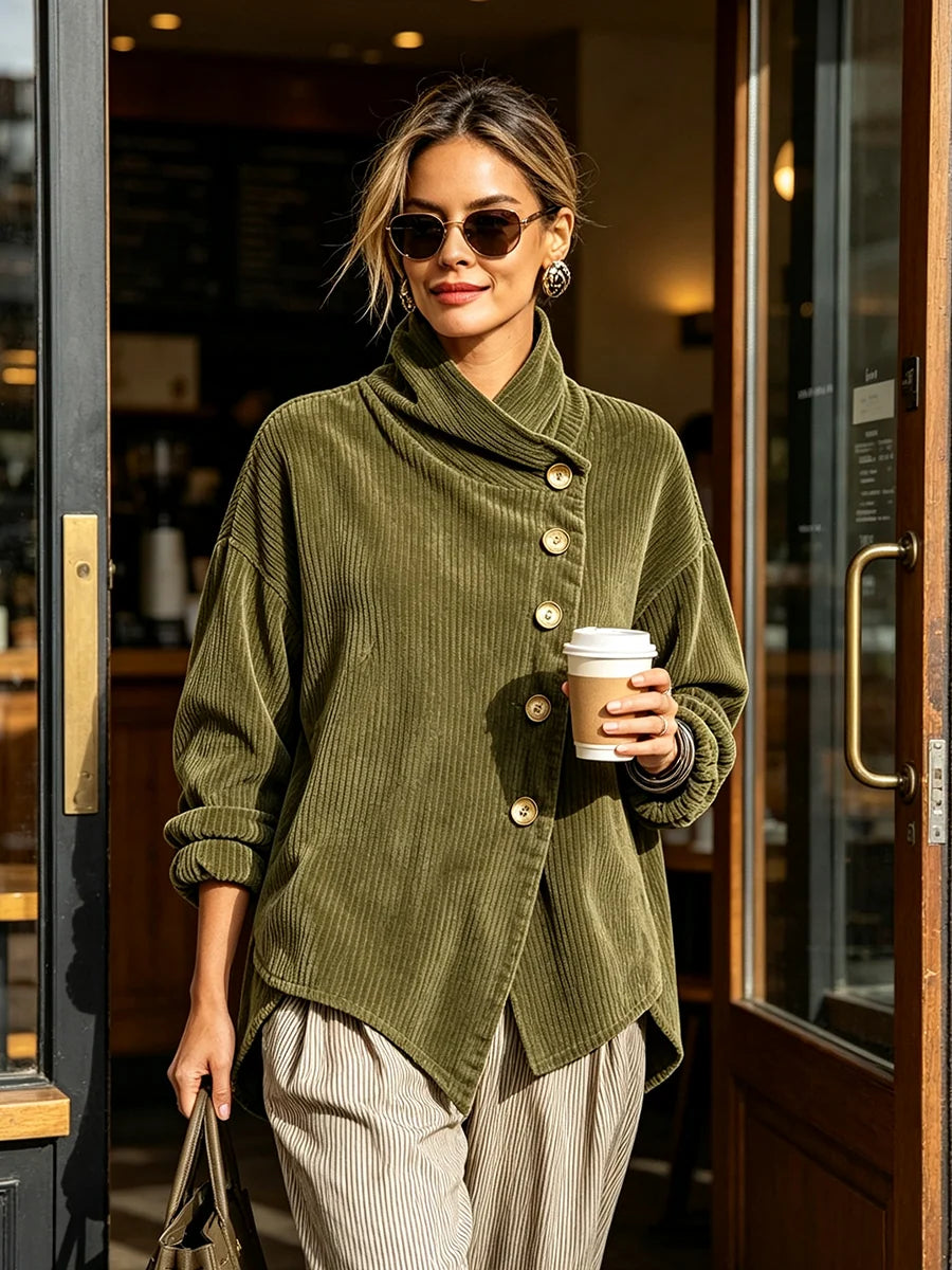 Women's Wide-Rib Corduroy High-Neck Jumper with Gold Buttons