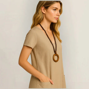 Lavinia Midi Dress – Round Neck, Front Pockets & Short Sleeves