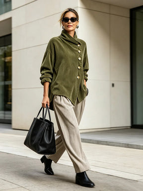 Women's Wide-Rib Corduroy High-Neck Jumper with Gold Buttons