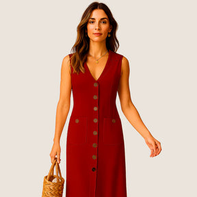 Monarch Eva Midi Dress – Elegant V-Neck with Buttons and Pockets