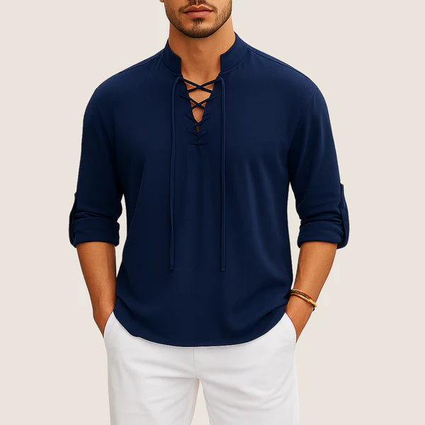 Monarch Boho Linen Shirt – Casual Elegance with Lace-up Detail