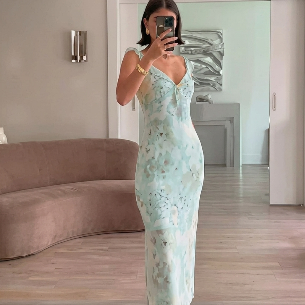 Women's Floral Ruffle-Strap Fitted Maxi Dress with Tie Front