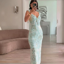 Women's Floral Ruffle-Strap Fitted Maxi Dress with Tie Front