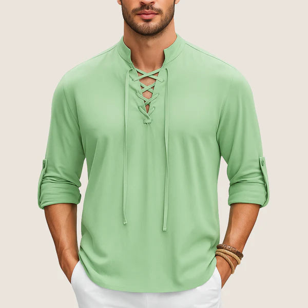 Monarch Boho Linen Shirt – Casual Elegance with Lace-up Detail