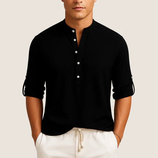 Monarch Cotton Shirt – Casual Elegance with Stand Collar, Long Sleeves