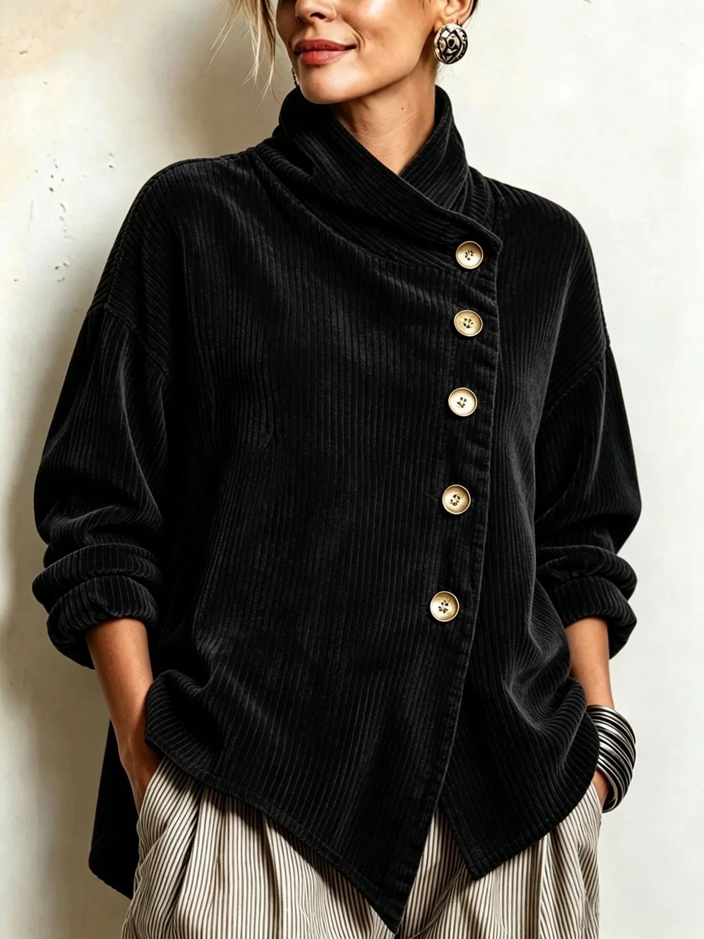 Women's Wide-Rib Corduroy High-Neck Jumper with Gold Buttons