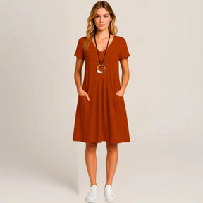 Lavinia Midi Dress – Round Neck, Front Pockets & Short Sleeves