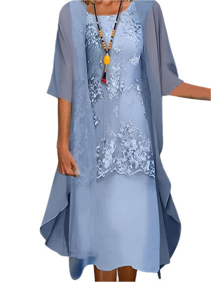 Women's Flowy Sheer-Sleeve Layered Midi Dress