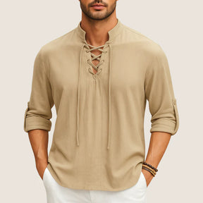 Monarch Boho Linen Shirt – Casual Elegance with Lace-up Detail